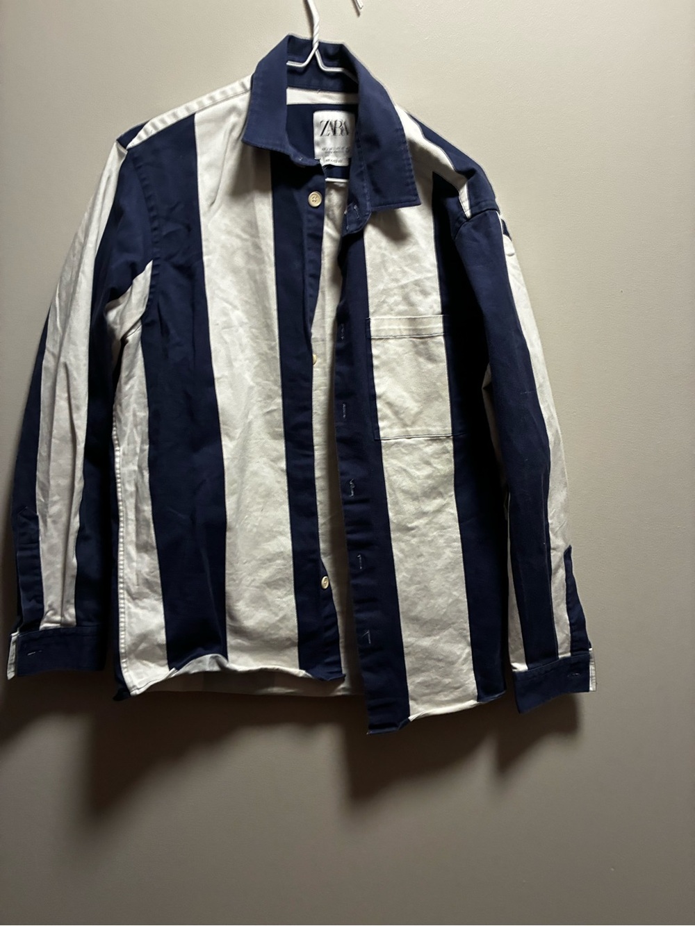ZARA Men's Navy and White Vertical Stripe Button-Front Jacket